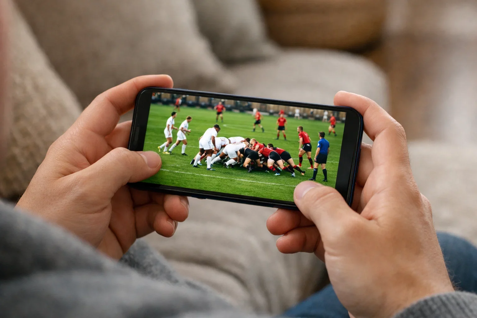 Person watching rugby match on smartphone while placing live bets