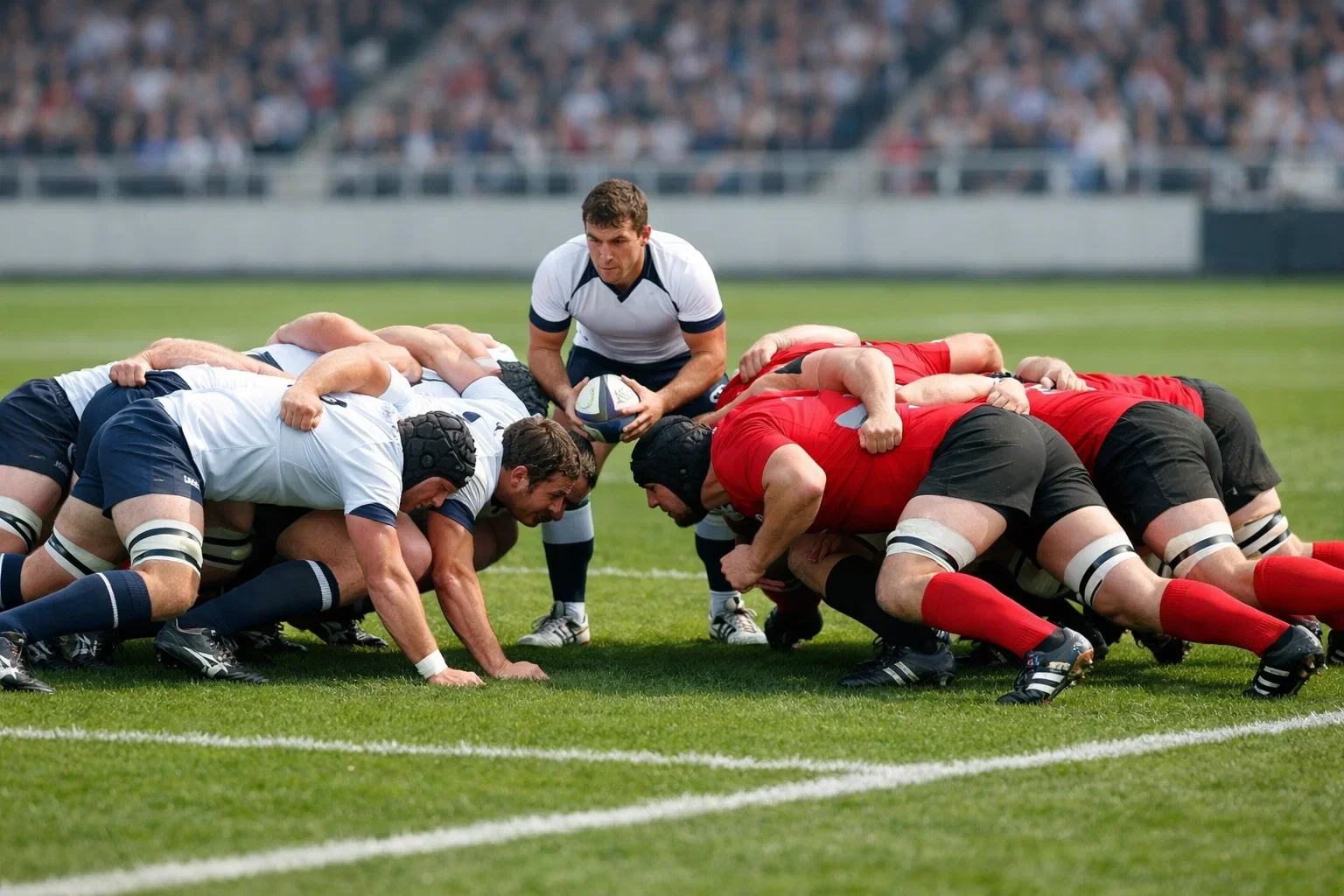 Rugby scrum formation with players battling for ball possession