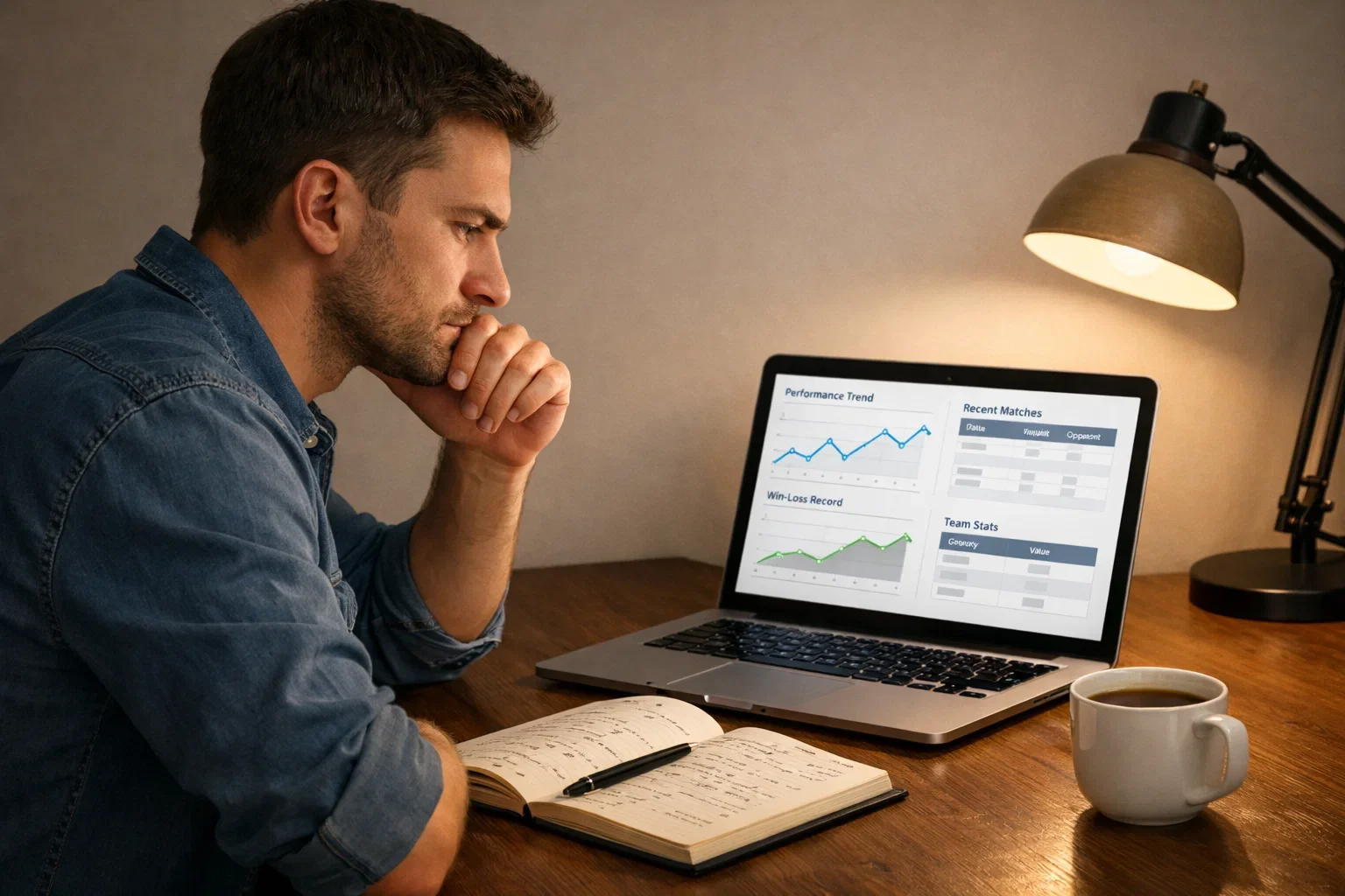 Man analyzing rugby statistics on laptop with notepad beside him