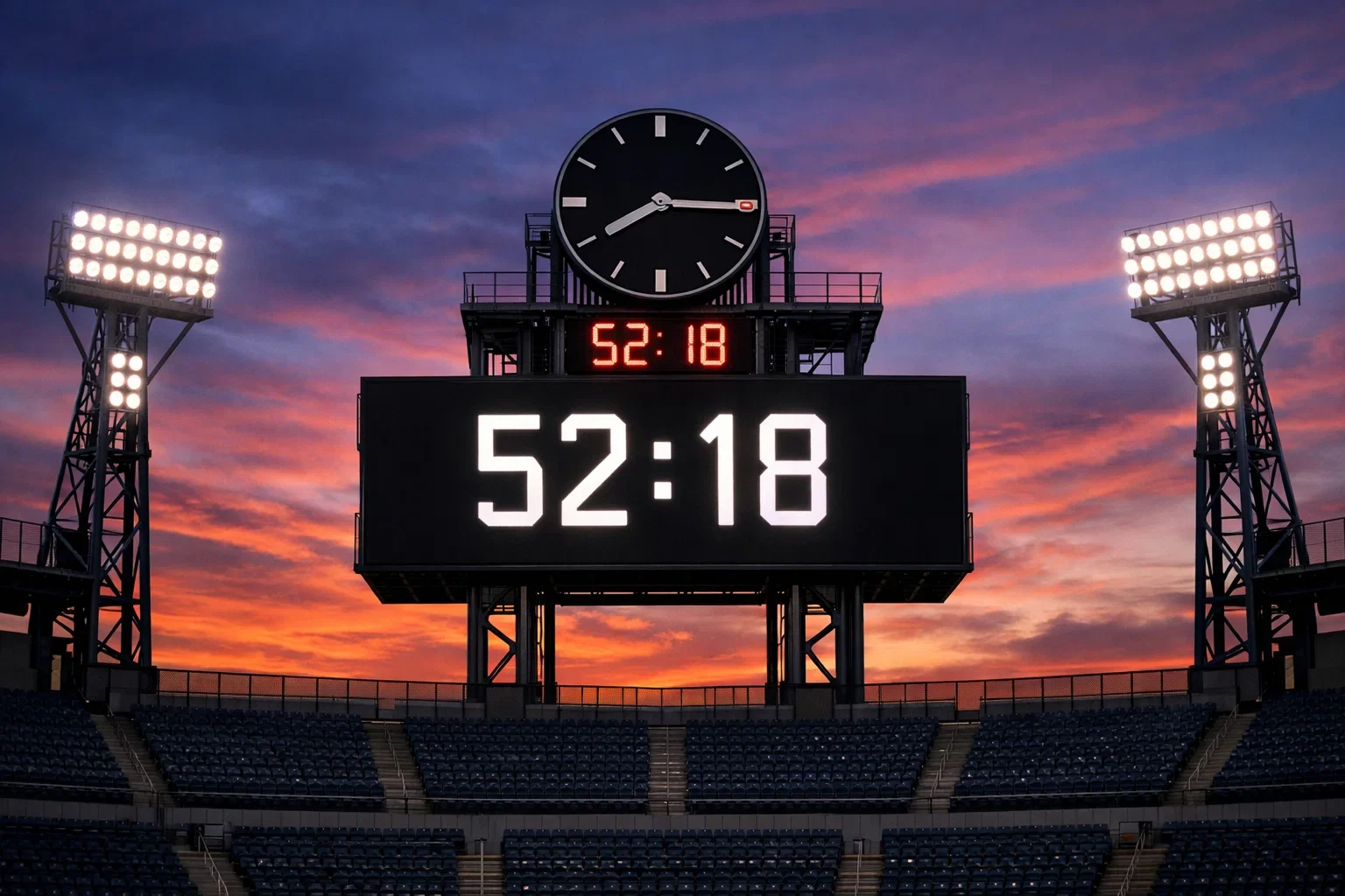 Rugby stadium scoreboard showing match time and score