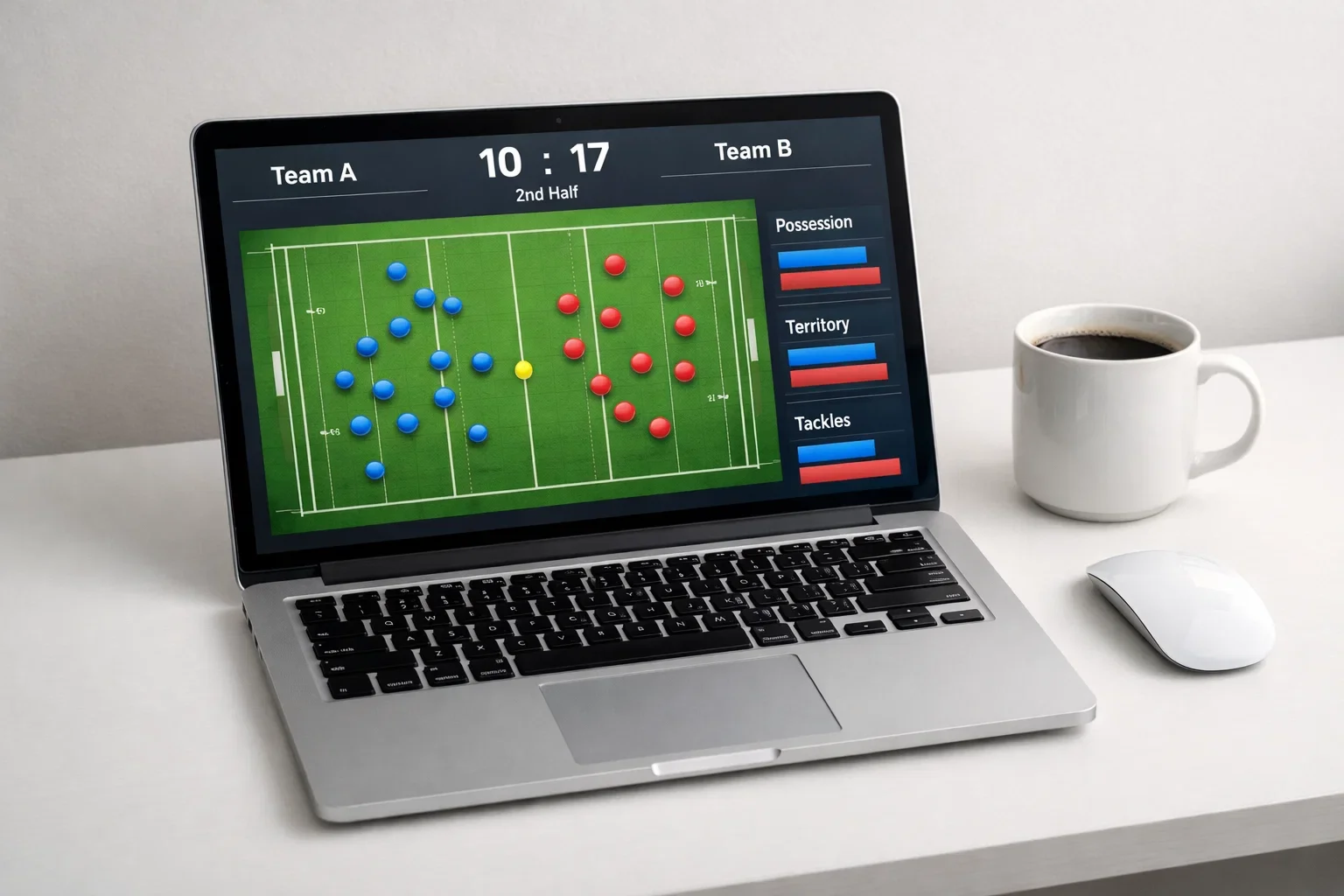 Laptop screen displaying live rugby match tracker and statistics dashboard