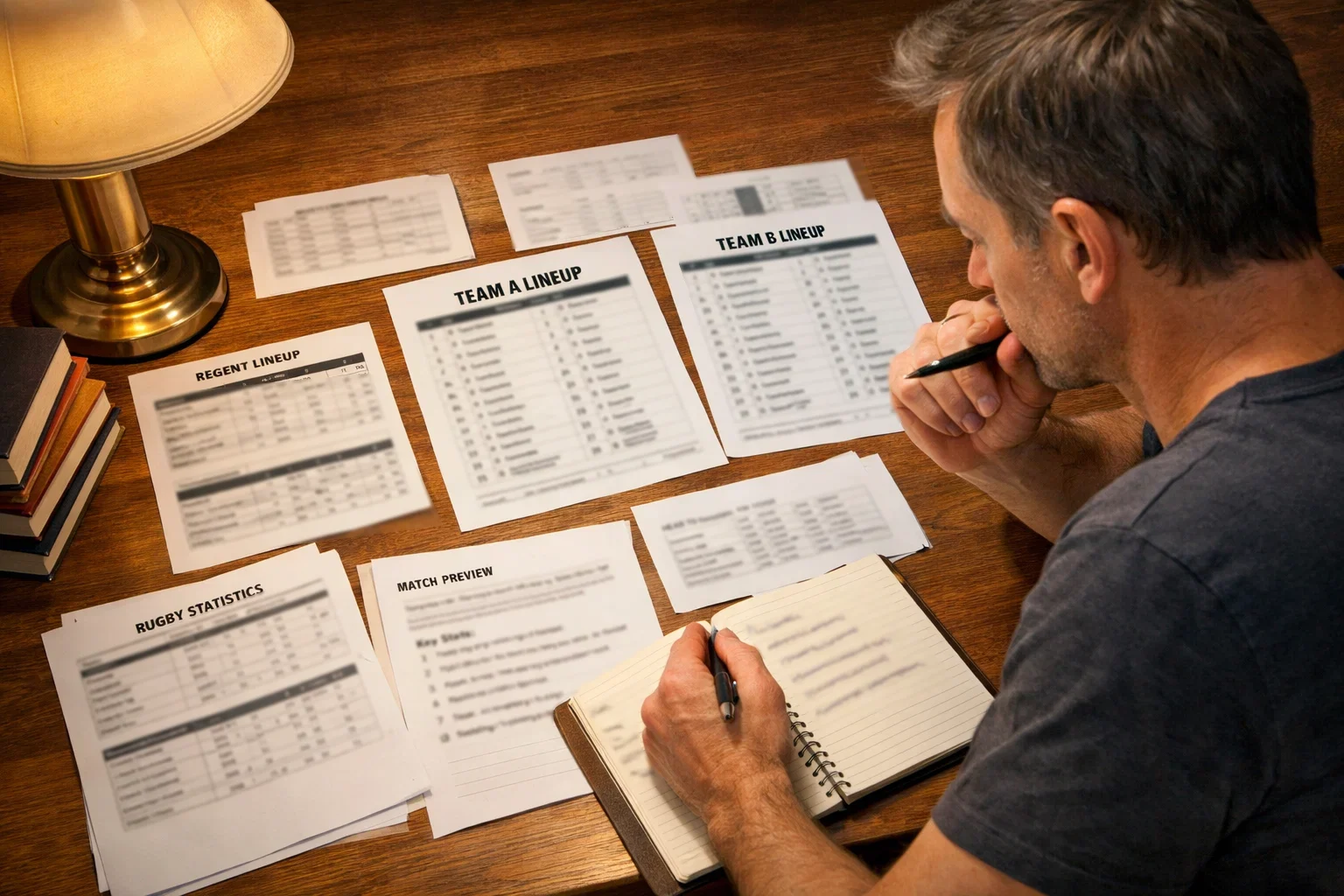 Bettor studying rugby match notes and team analysis documents
