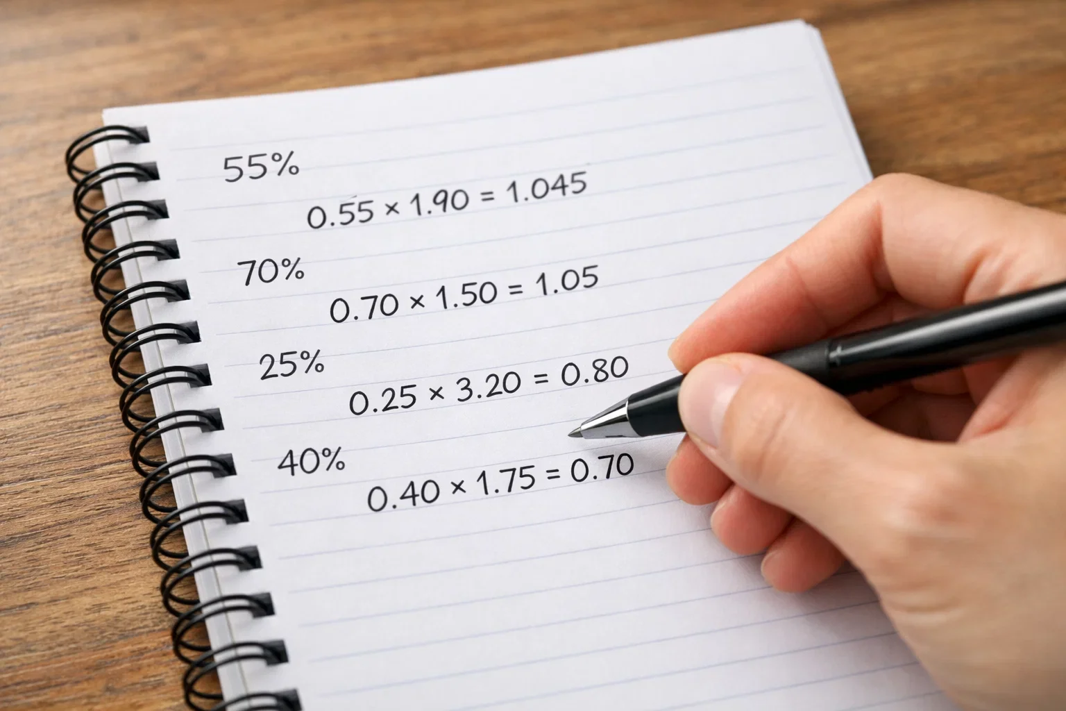 Hand writing probability calculations in notebook with pen