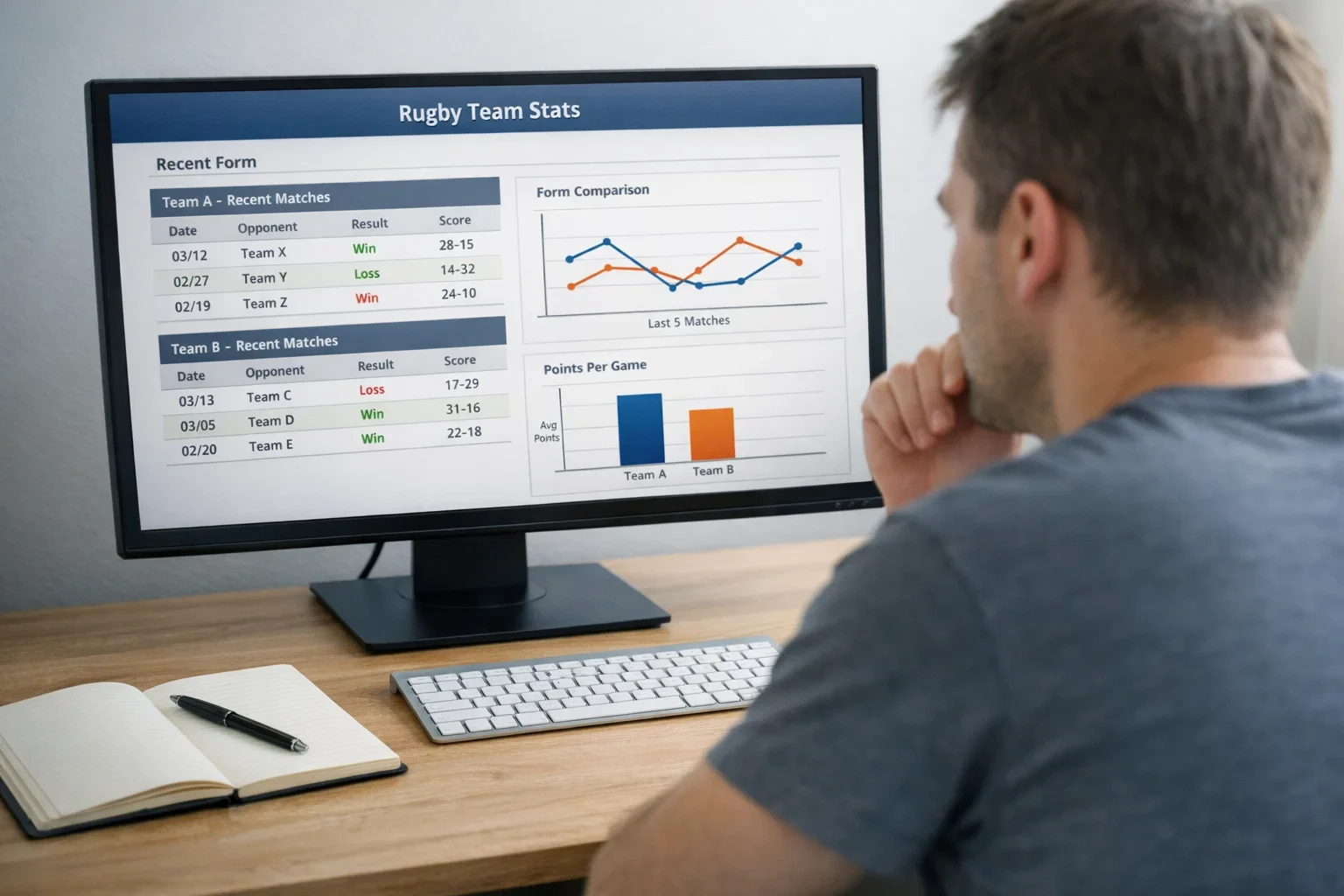 Person researching rugby team performance data on computer