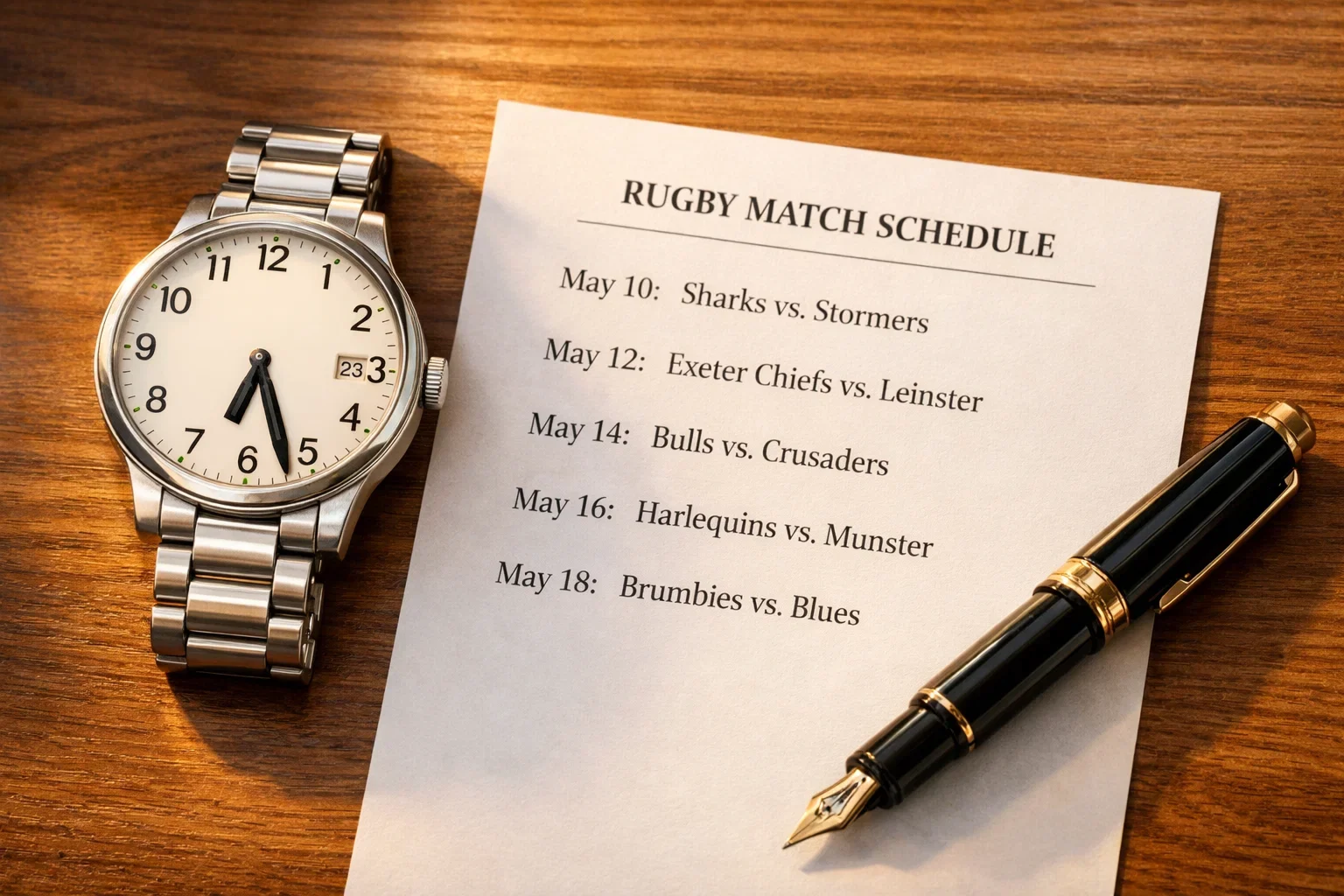 Wristwatch next to rugby fixture schedule on desk
