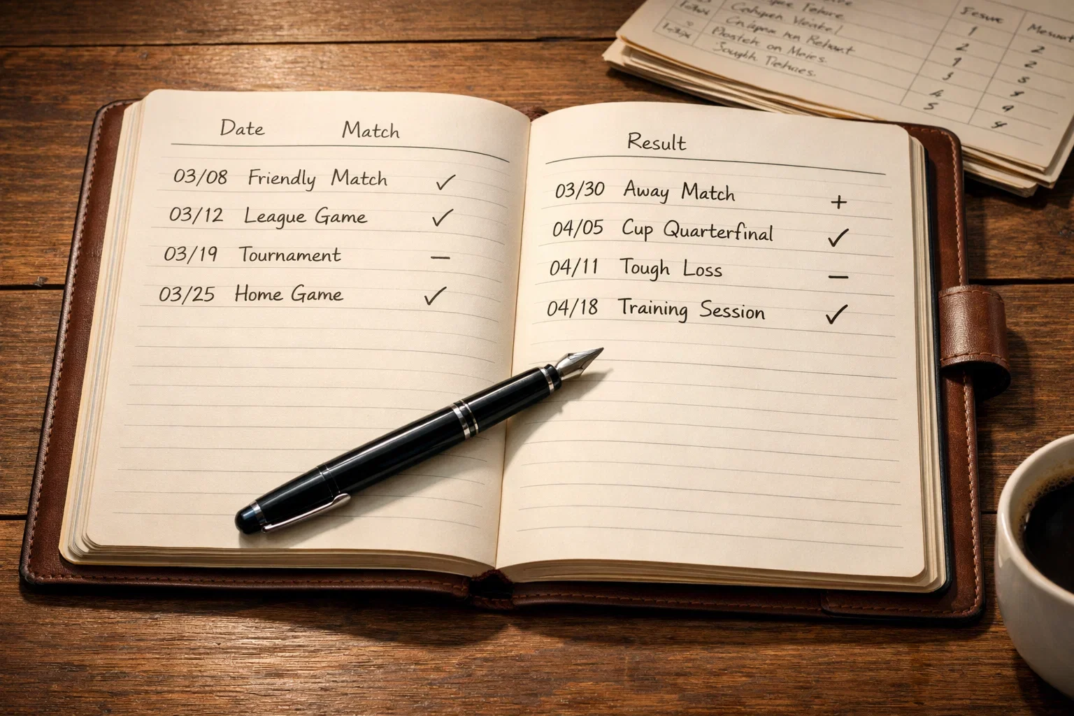 Open notebook with betting records and pen on wooden table