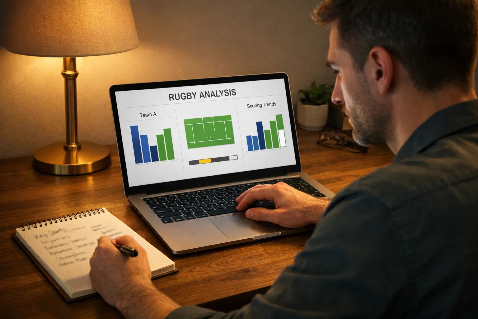 Sports analyst reviewing rugby match statistics and data on laptop