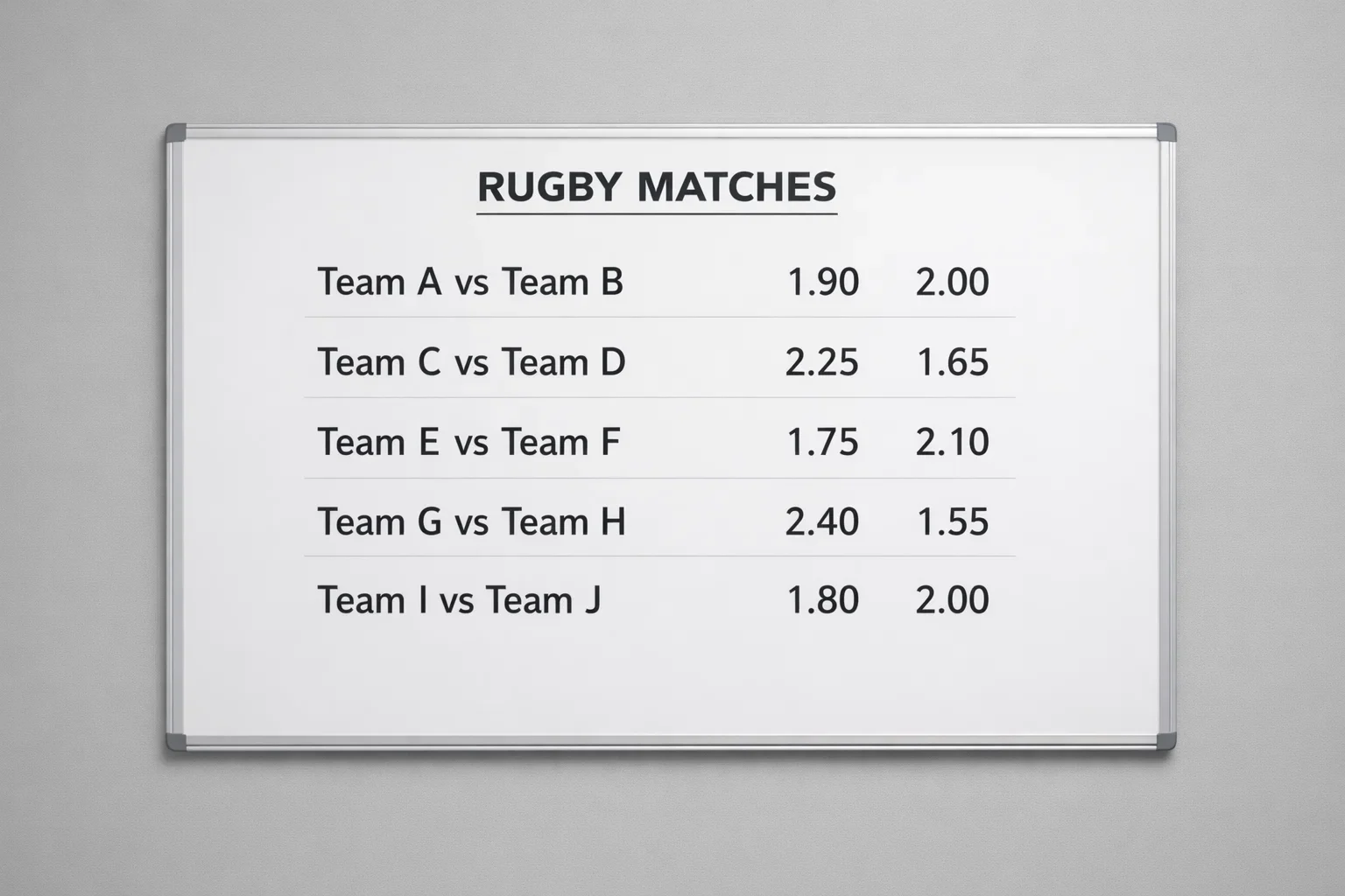 Rugby betting odds displayed on a clean board