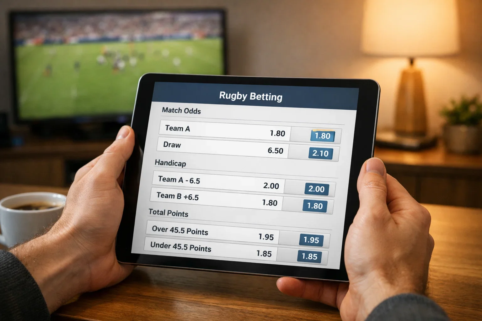 Sports analyst reviewing rugby betting odds on a tablet device