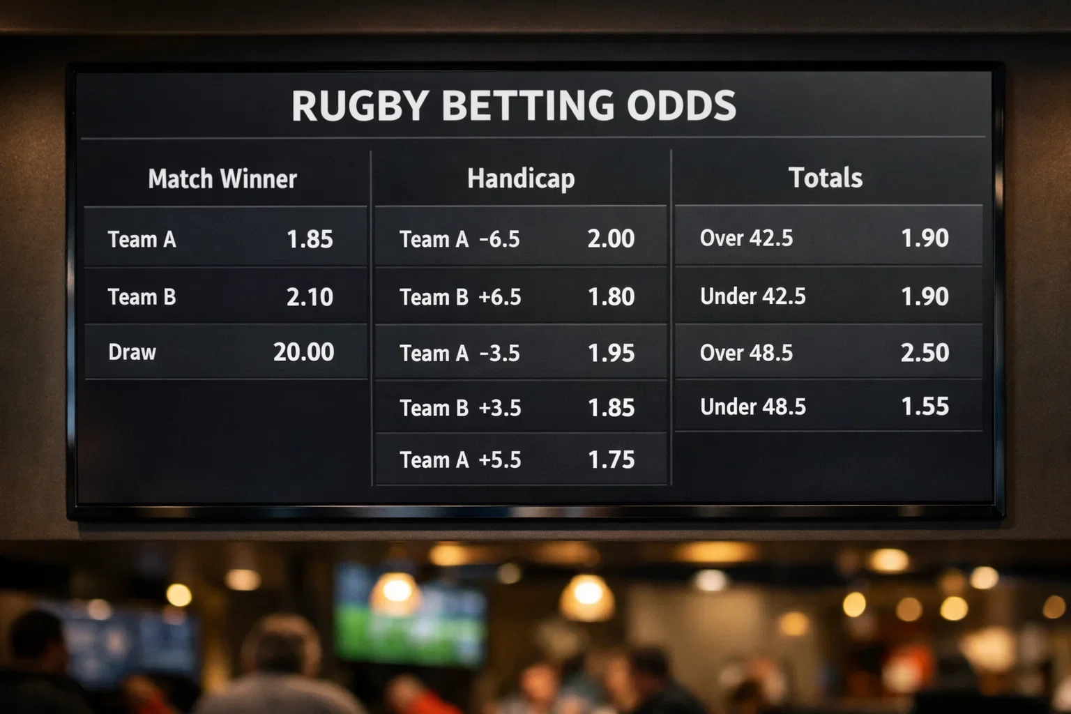 Sports betting odds board showing rugby match markets and prices