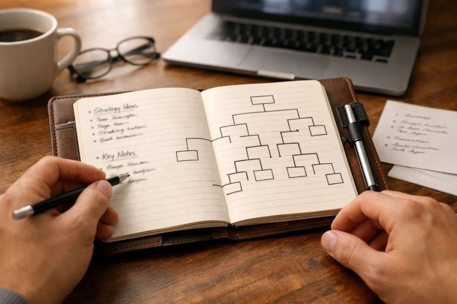 Person planning betting strategy with notebook showing tournament bracket and notes