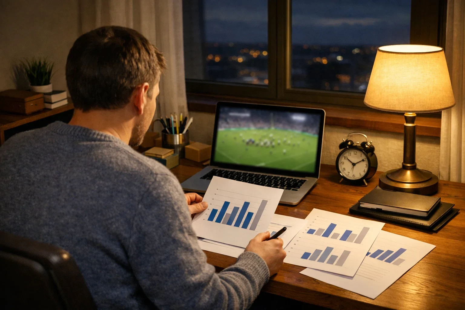 Person analyzing rugby match data with notes and documents