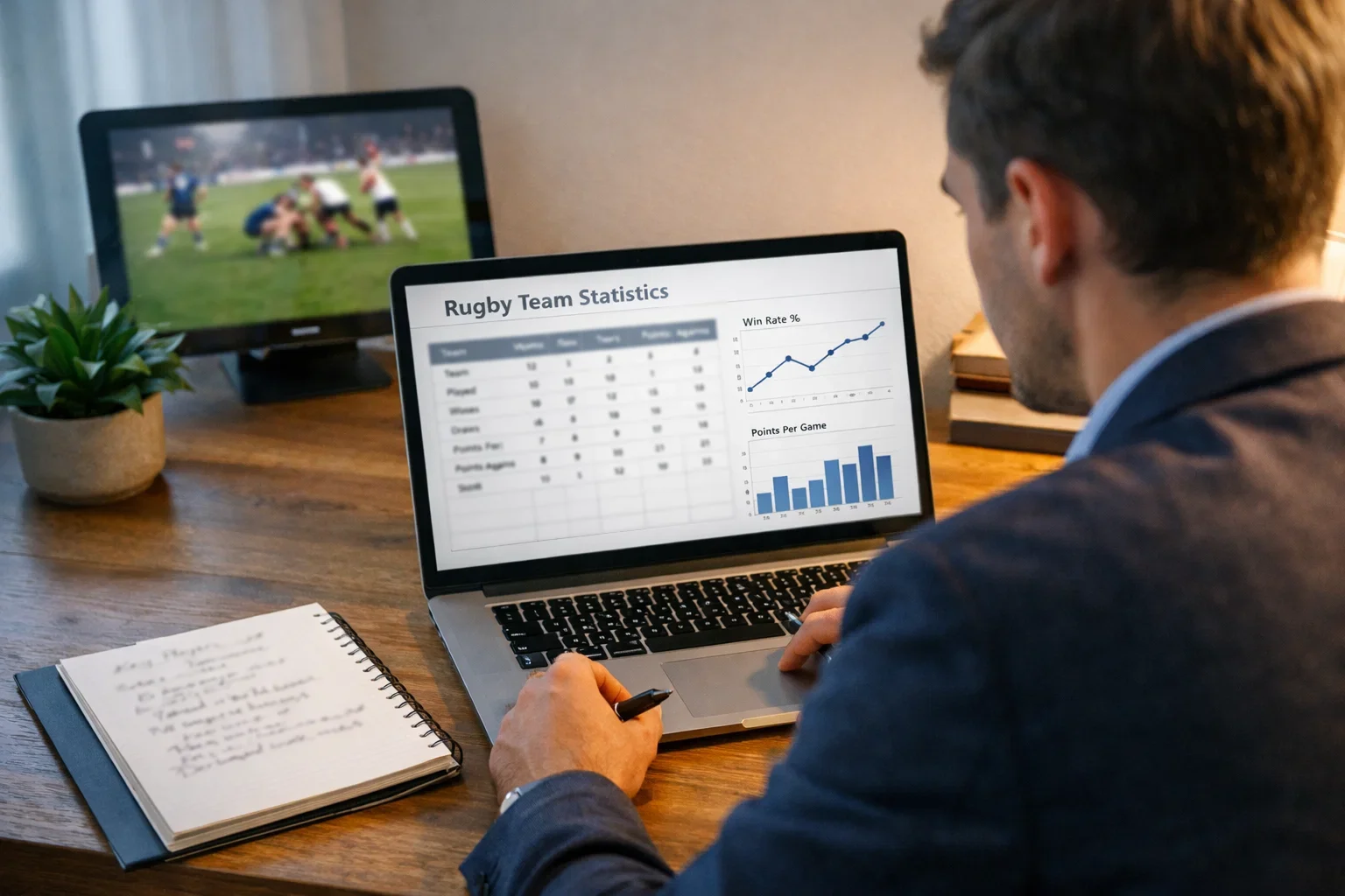 Person researching rugby team statistics on a laptop computer