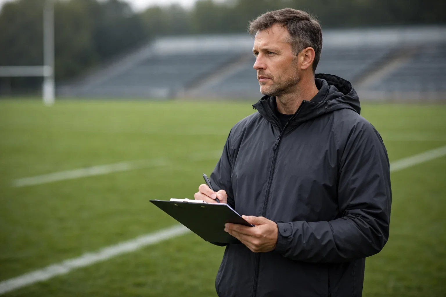 Rugby coach with clipboard planning strategy on the sideline