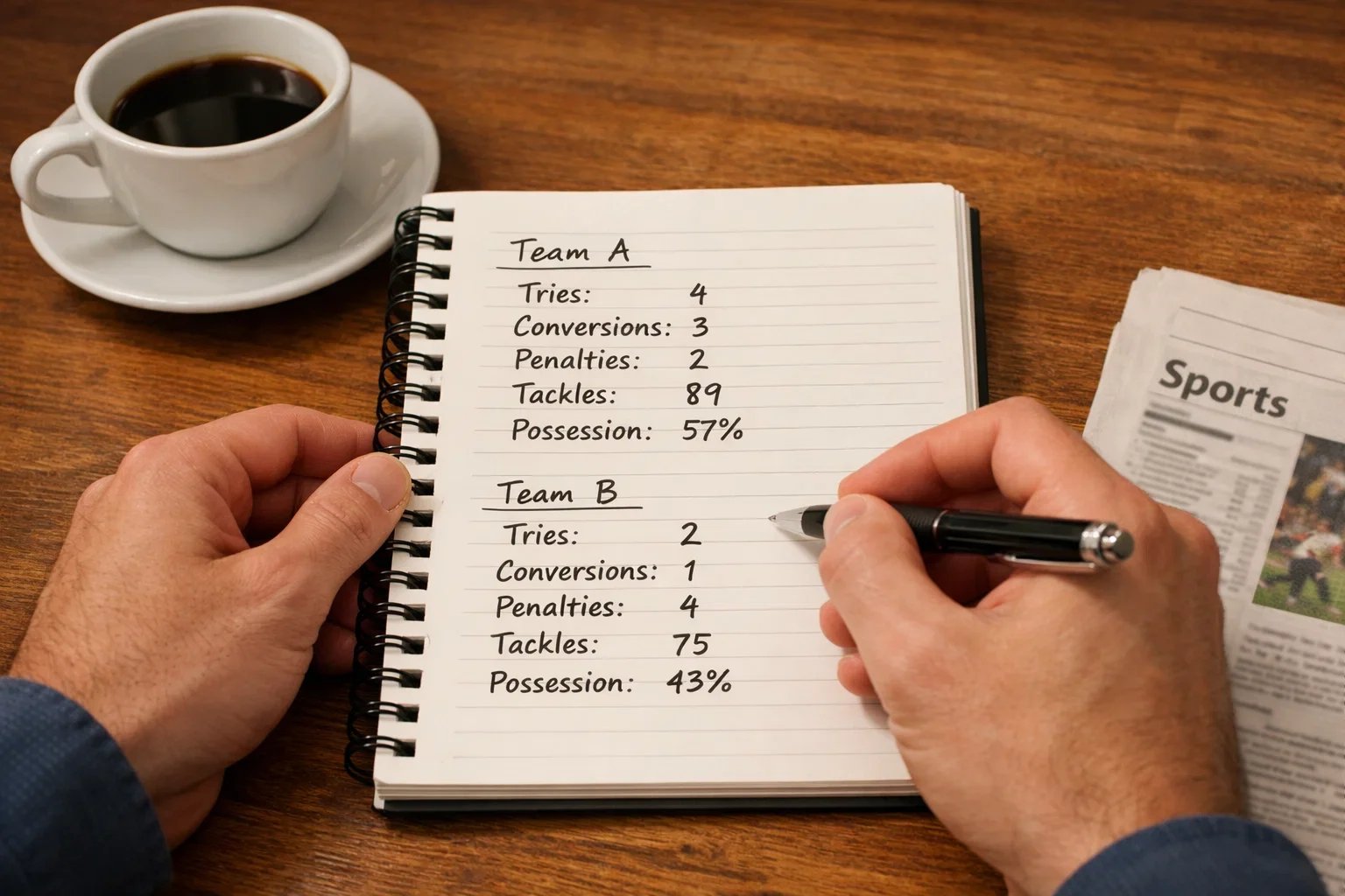 Rugby analyst studying match statistics on a notepad