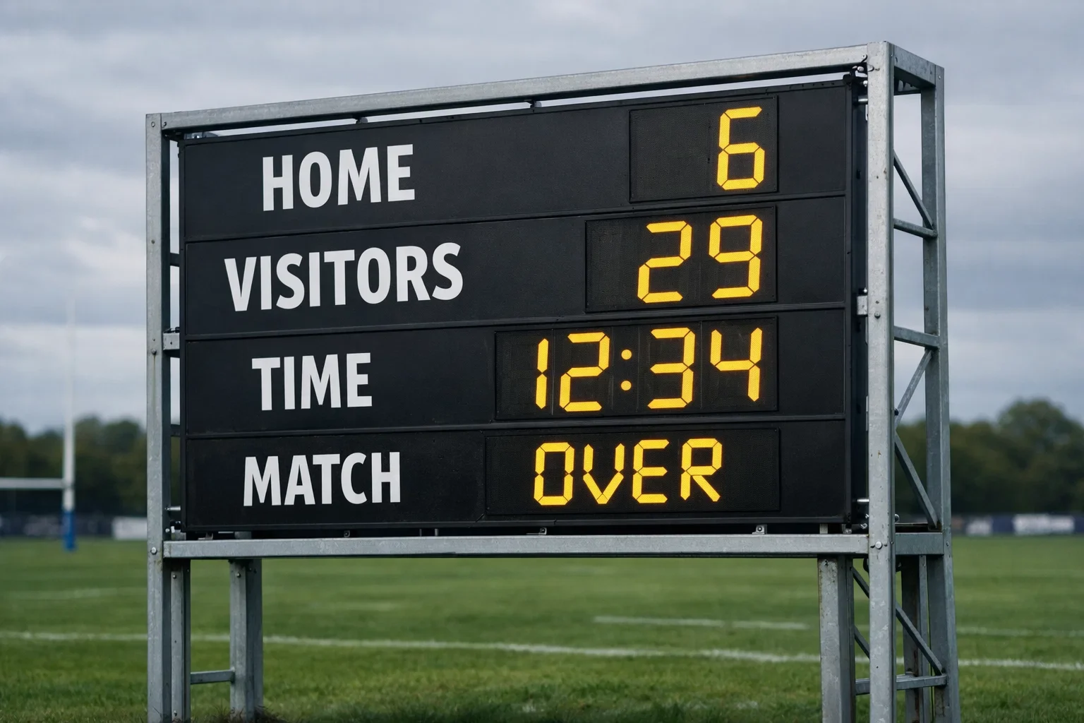 Rugby scoreboard showing point spread between two teams