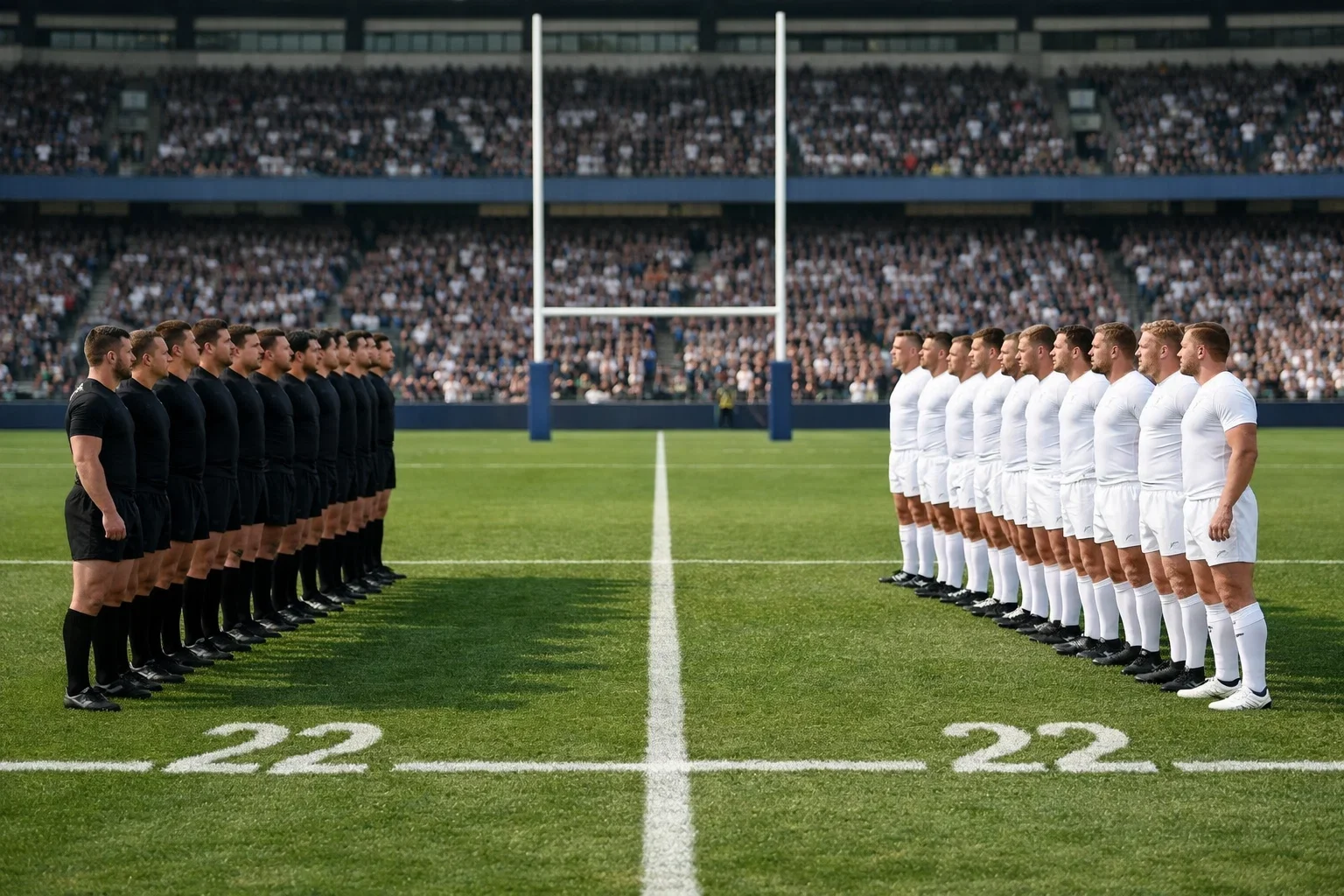 Rugby teams lined up before pool stage match at World Cup tournament