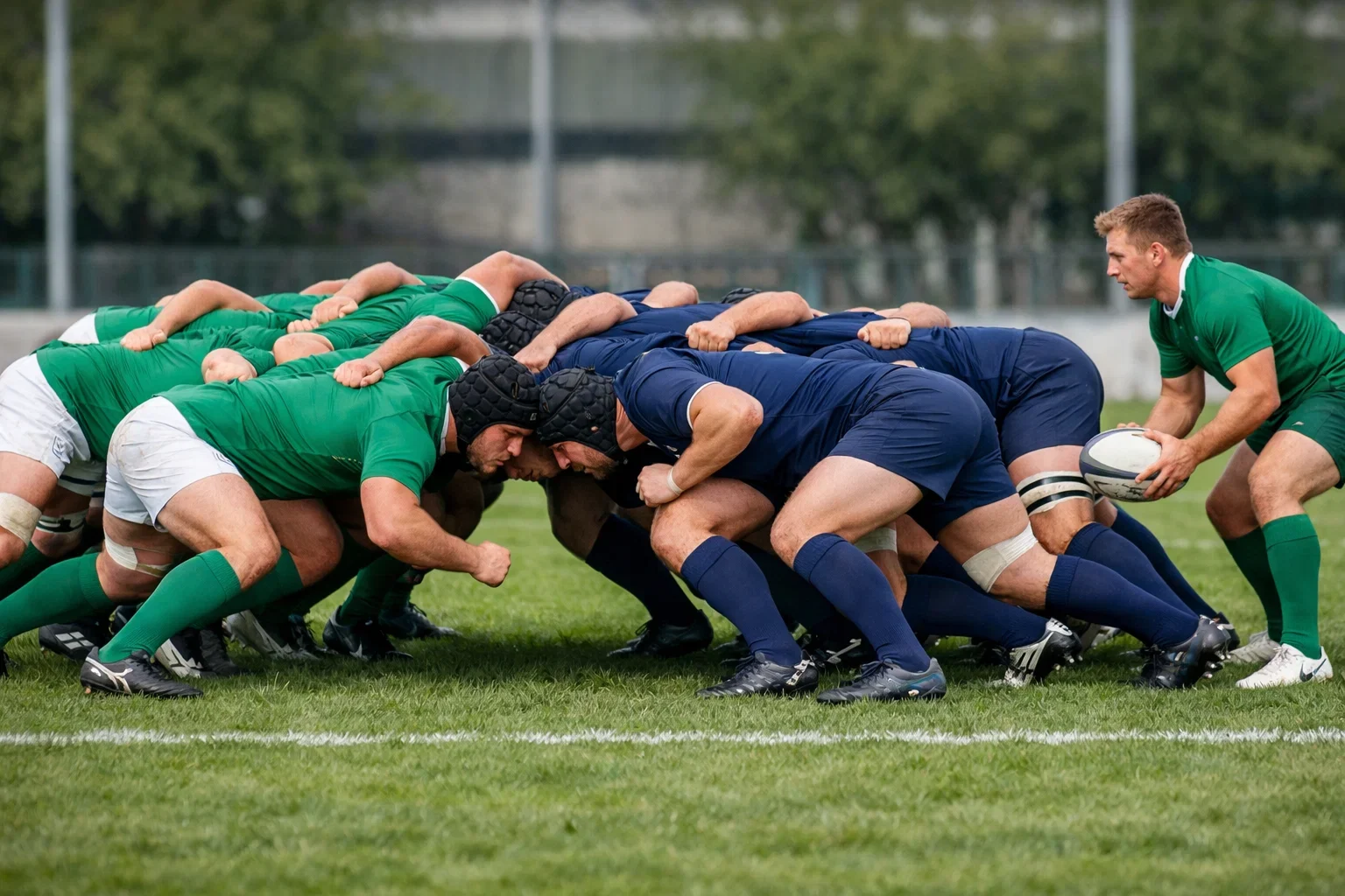 Rugby union players forming a scrum during a professional match