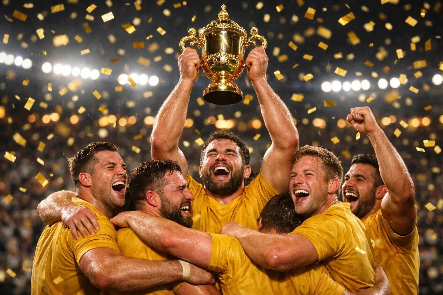 Rugby players celebrating with Webb Ellis Cup trophy after World Cup final victory