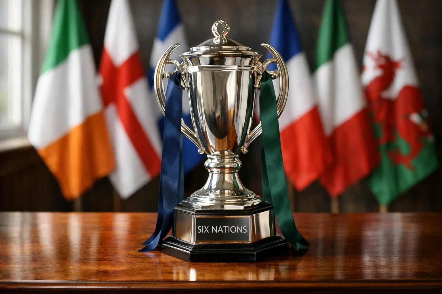 Rugby trophy with Six Nations flags in the background