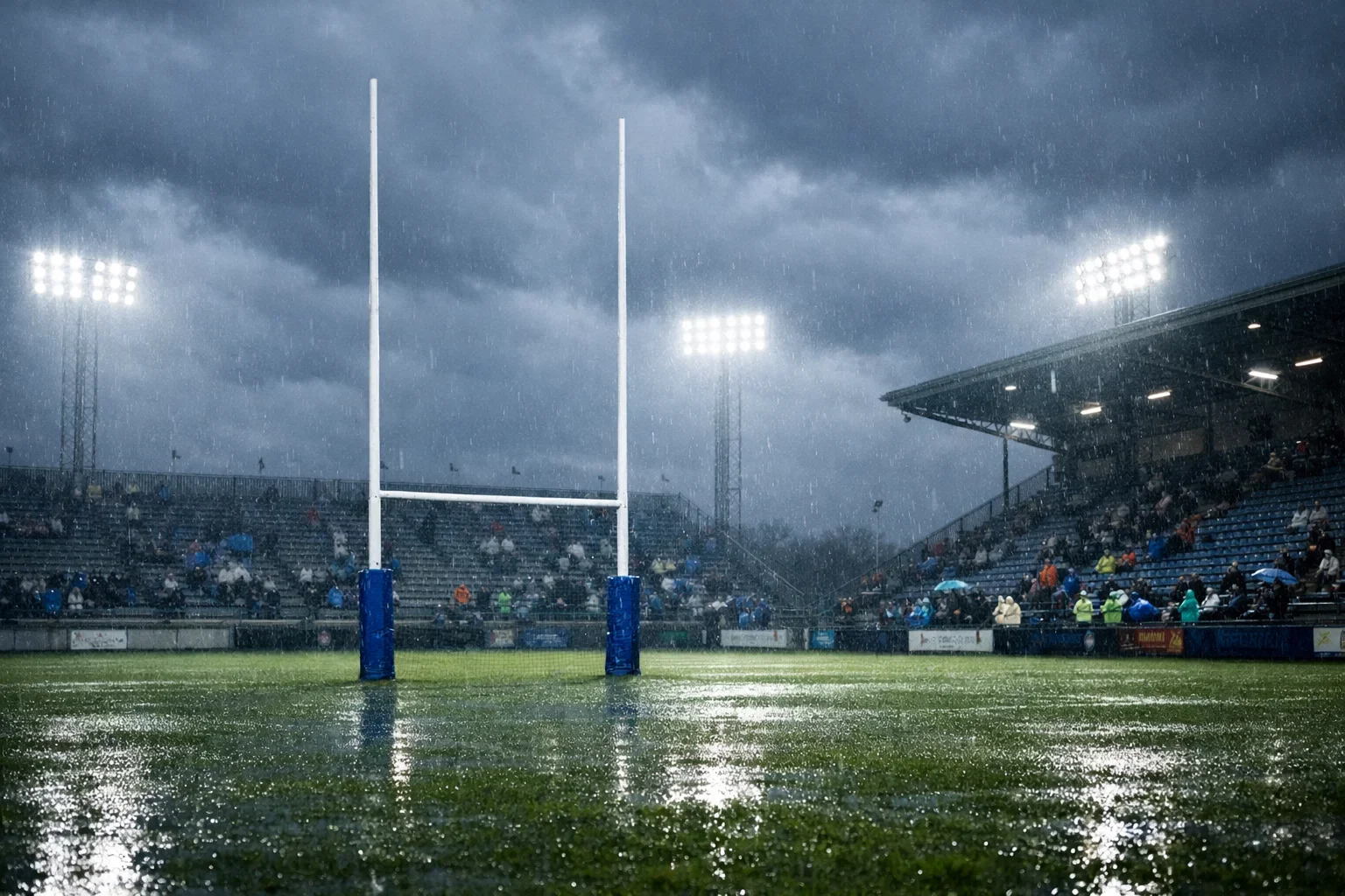 Rugby stadium with weather conditions visible on match day