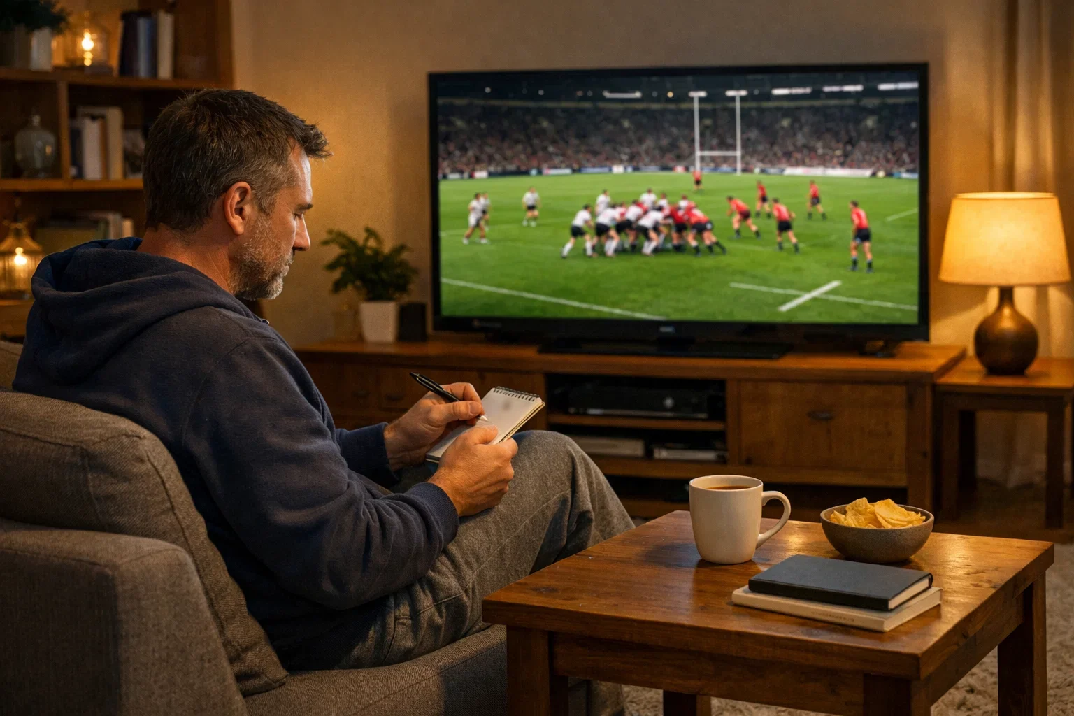 Bettor making notes while watching rugby on television