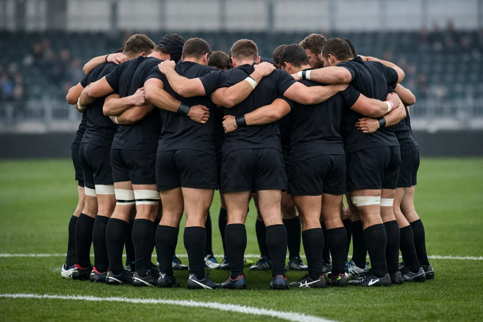 Rugby team huddle on a grass pitch before a match